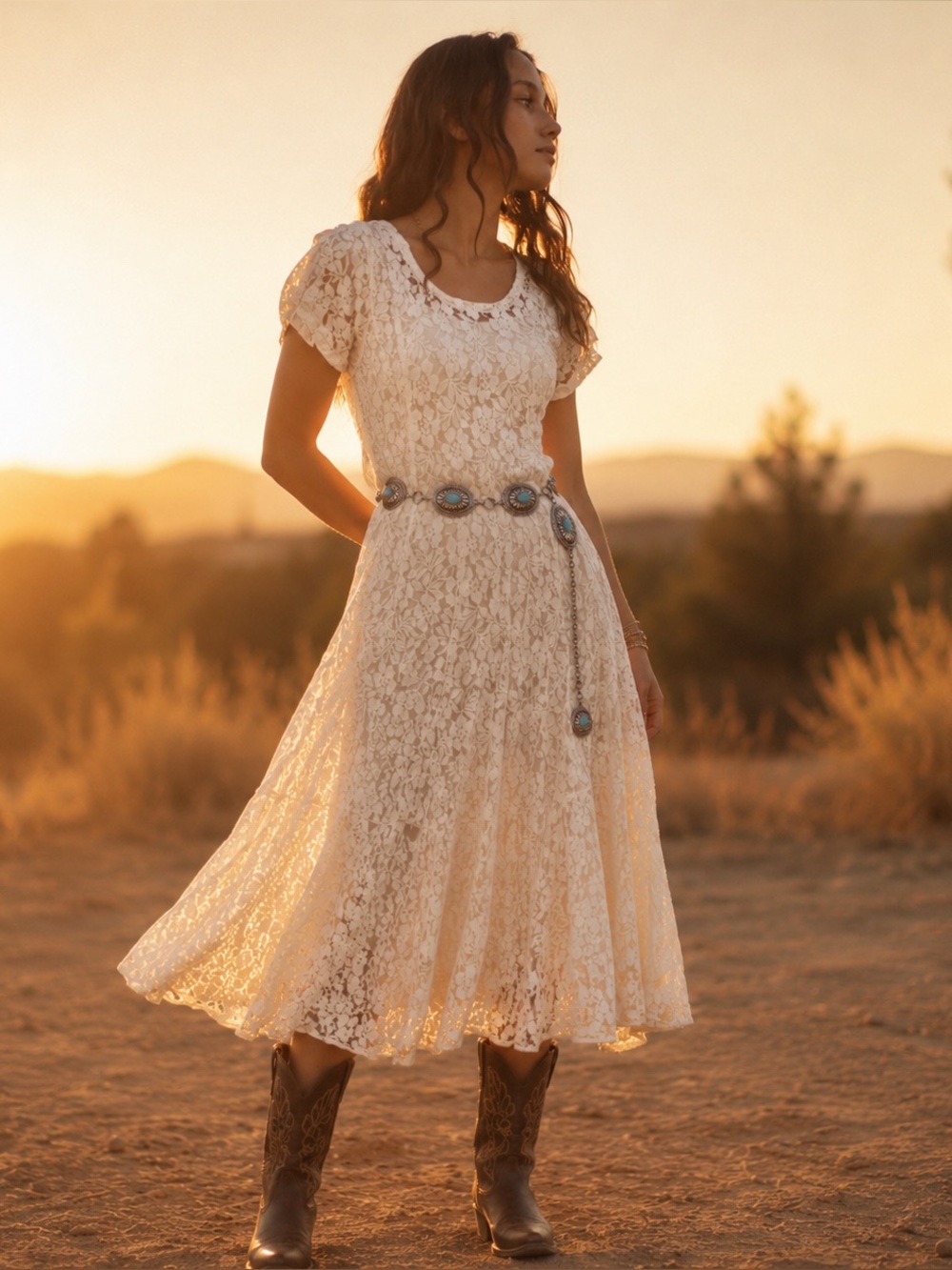 VTG Nostalgia Cream Lace Midi Desert Chic Boho Western Coastal Cowgirl Dress M
